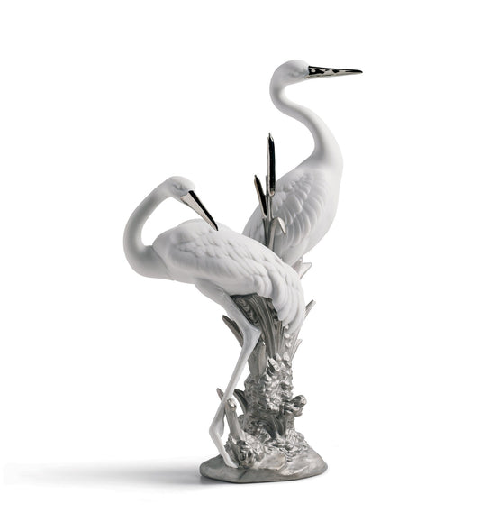 01007104 | Escultura Pareja de grullas airosas. Lustre plata