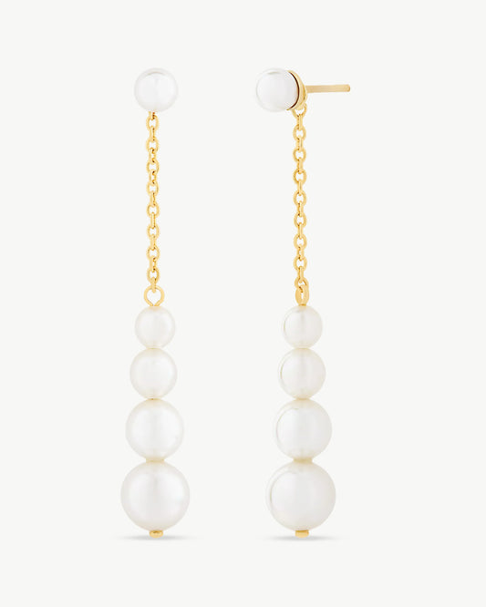 Pendientes Largos Cadena Dorada y Perlas Petit en plata