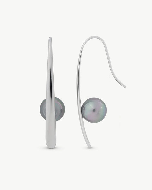 Pendientes Largos Perla Gris Planet en plata