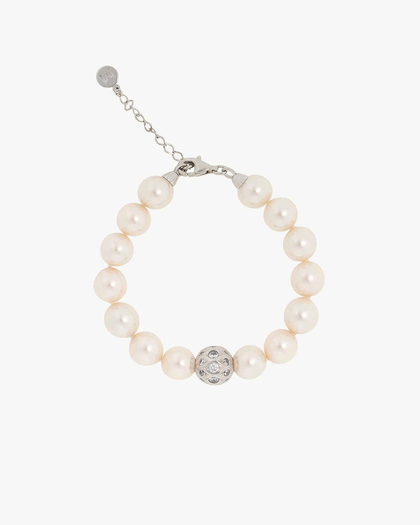 Pulsera Perlas 10mm y Circonitas Esfera en plata