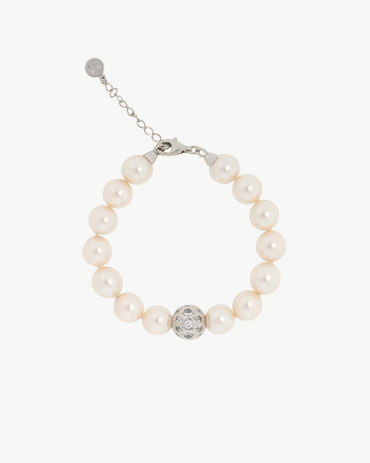 Pulsera Perlas 10mm y Circonitas Esfera en plata