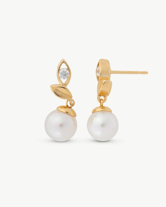 Pendientes Hojas con Perla 8mm y Circonita Dorados Selene en plata