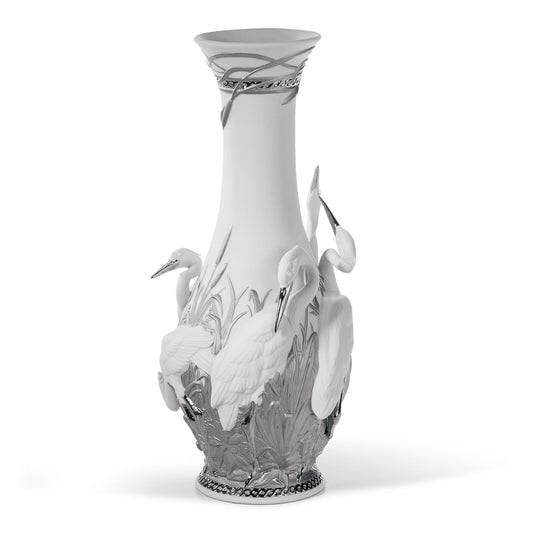 01007053 | Jarrón garzas reales. Lustre plata