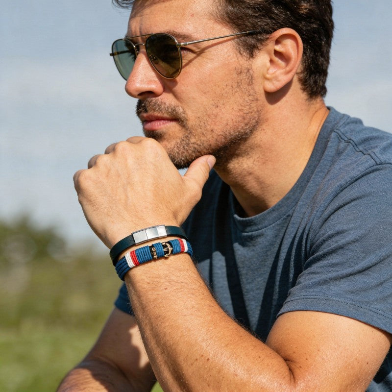 Pulsera "Heathrow" Ancla Nylon Tricolor Azul | Olliver Abbott