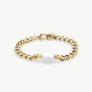 Pulsera de Cadena Dorada con Perla Oval Puffy Pearls en acero – Santacreu Store