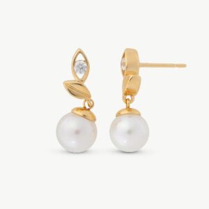 Pendientes Hojas con Perla 8mm y Circonita Dorados Selene en plata – Santacreu Store